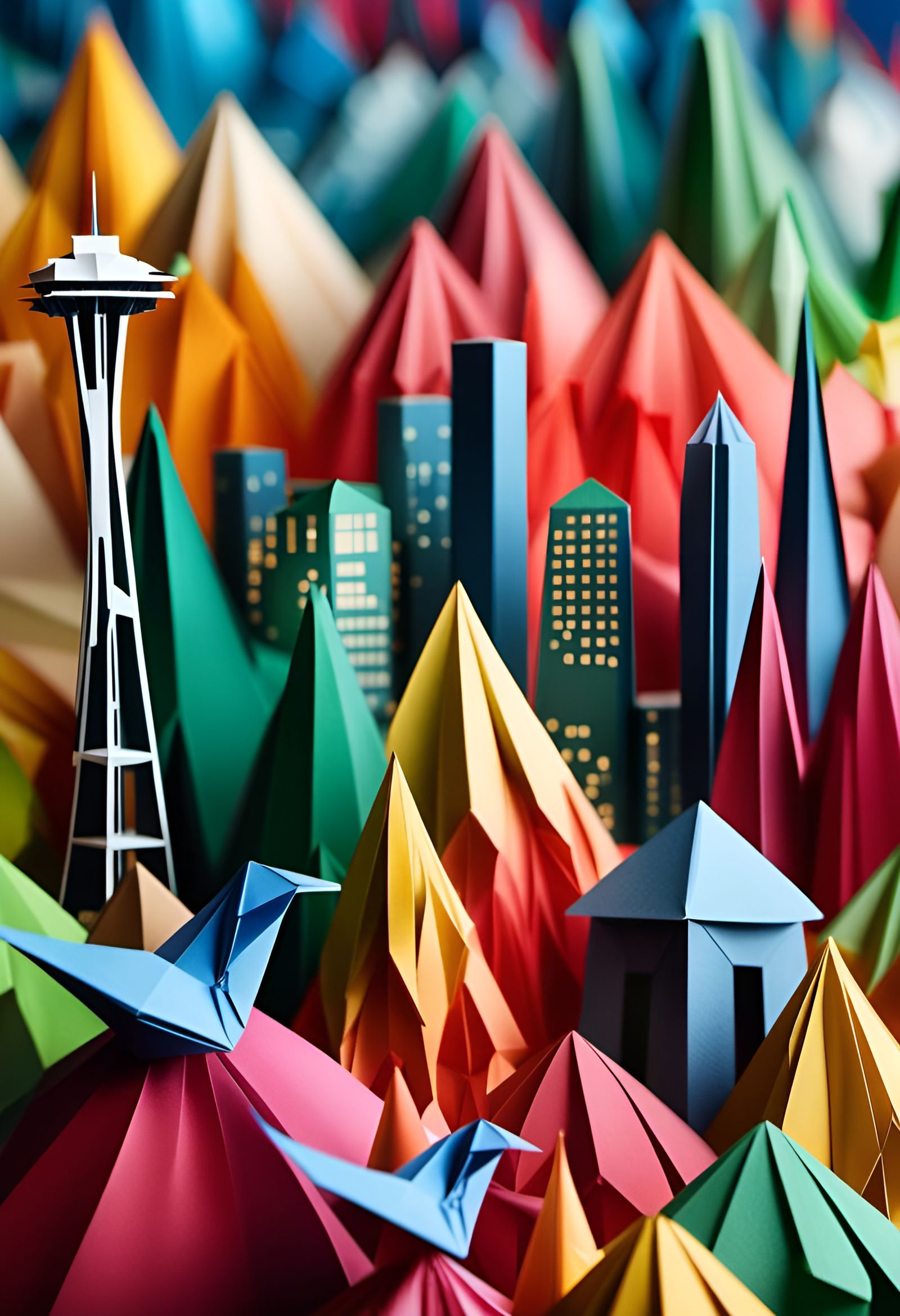 Seattle Skyline Origami Papercraft in 8K Resolution