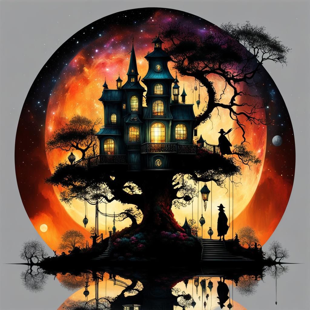 Fantasycore Haunted Mansion with Witch, Surreal Art