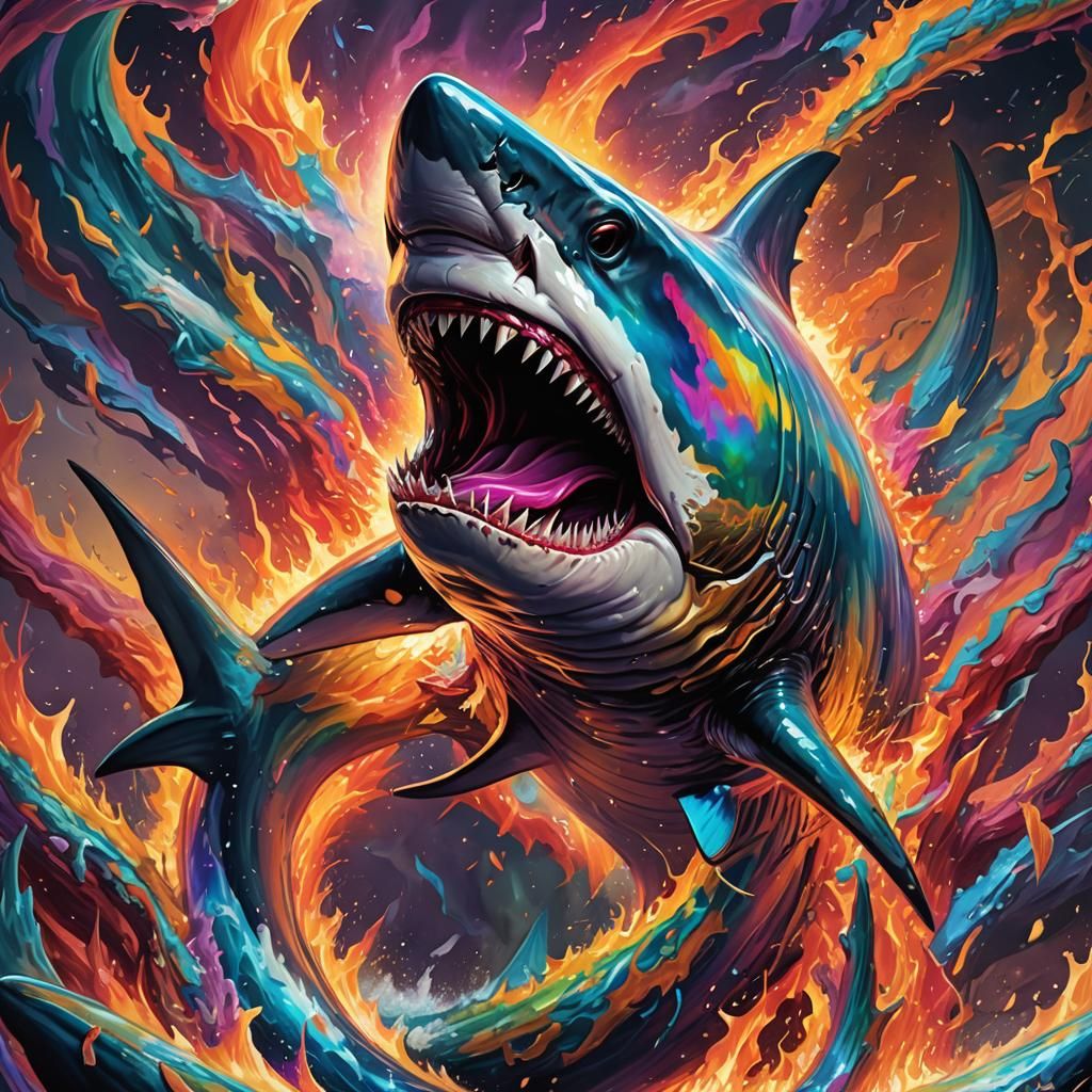 Megalodon Shark Bursts Through Rainbow Inferno in Futuristic...