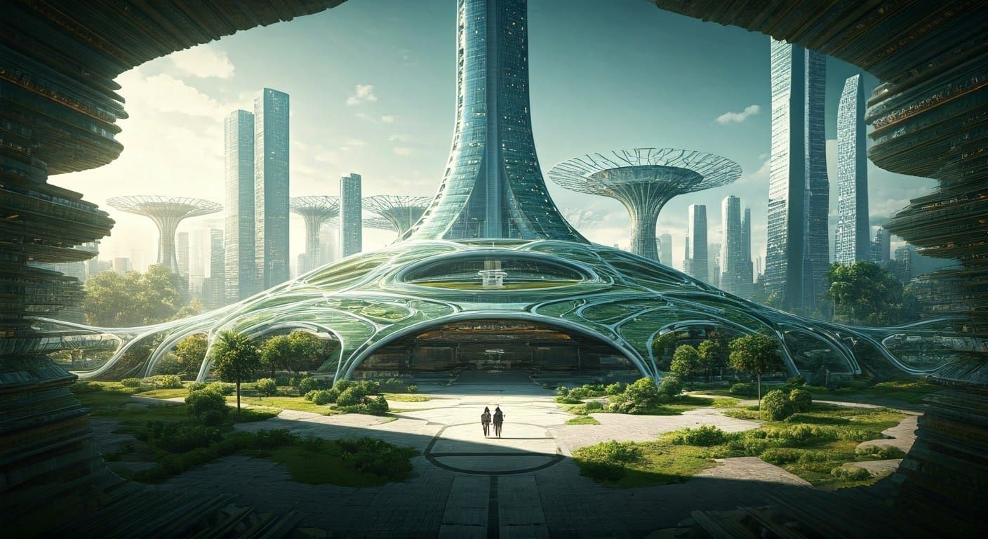 Epic Solarpunk Metropolis with Lush Greenery and Sustainable...