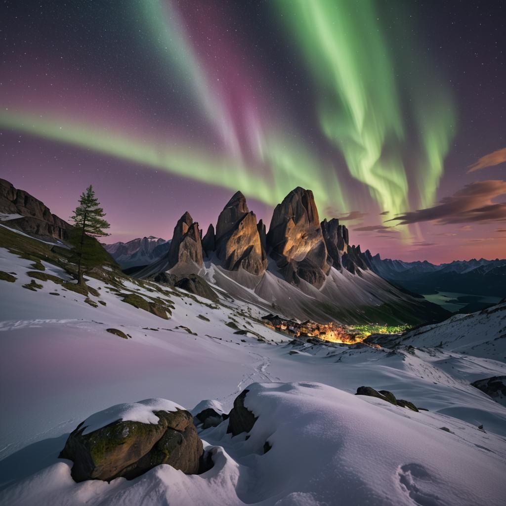 Aurora Borealis over Lavaredo Peaks: Photorealistic Landscap...