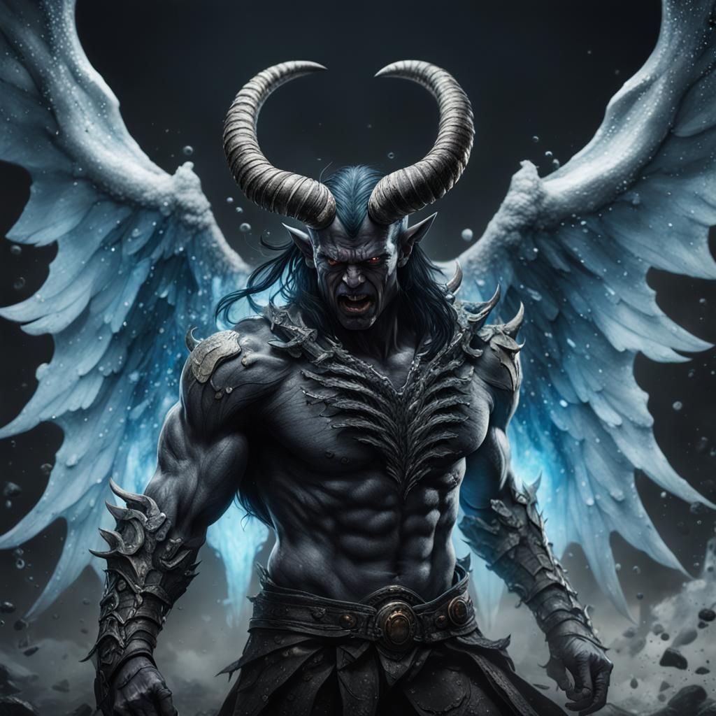 Detailed Demon Portrait with Curled Horns and Wings