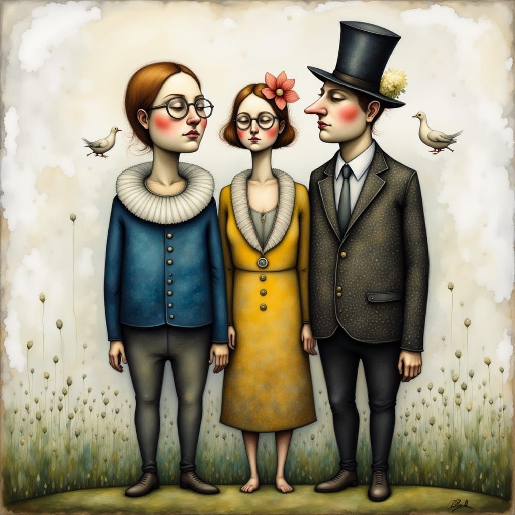 Surreal Caricature Figures in Dreamlike Landscape