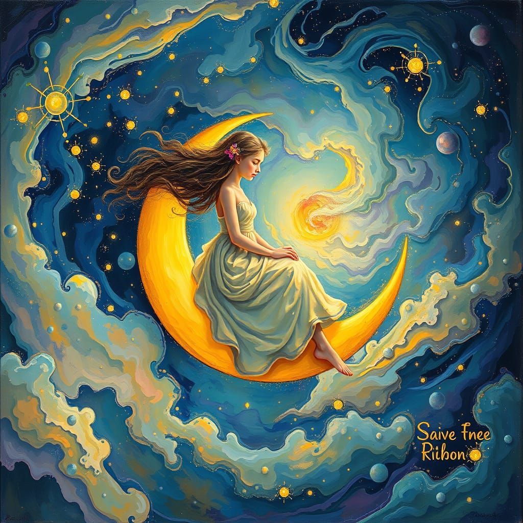 Dreamy Girl on Glowing Moon in Cosmic Impasto Style