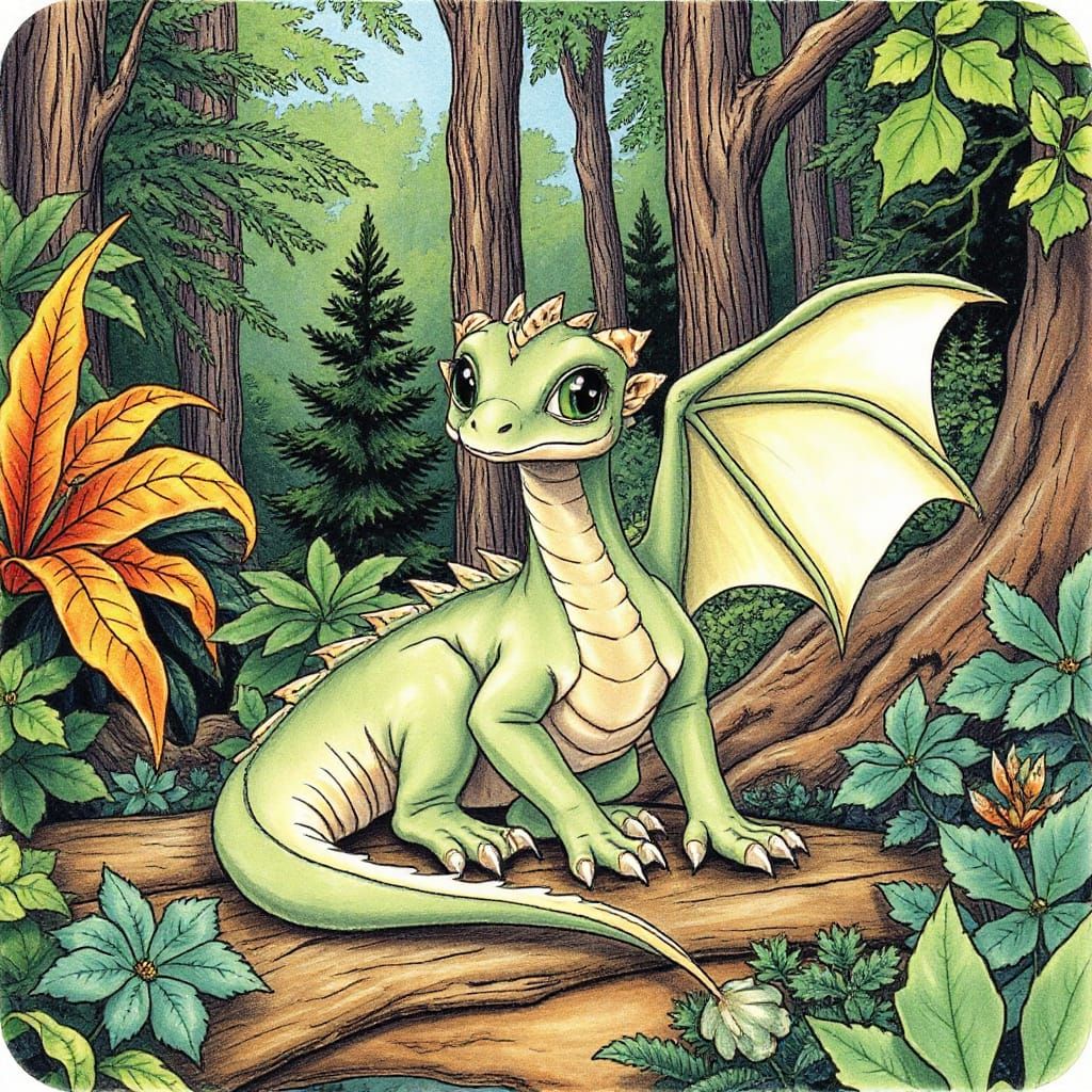 Fantasy Dragon in Forest, Colored Pen and Ink Sketch