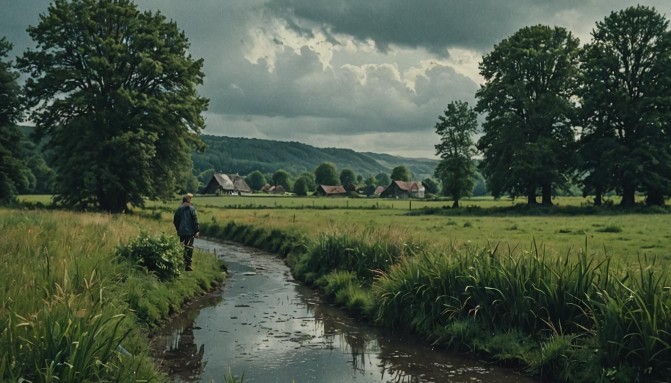 Rainy Holiday: Countryside Channel Meadow in Cinematic Style