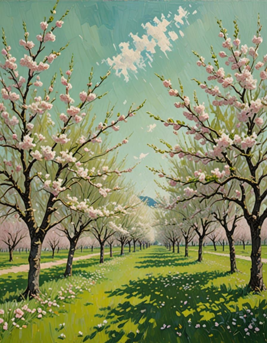 Cherry Orchard in Bloom: Impressionist Realist Oil Painting