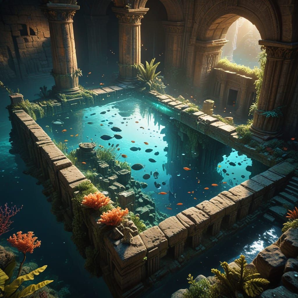 Underwater Ancient City Ruins with Pillars and Fish