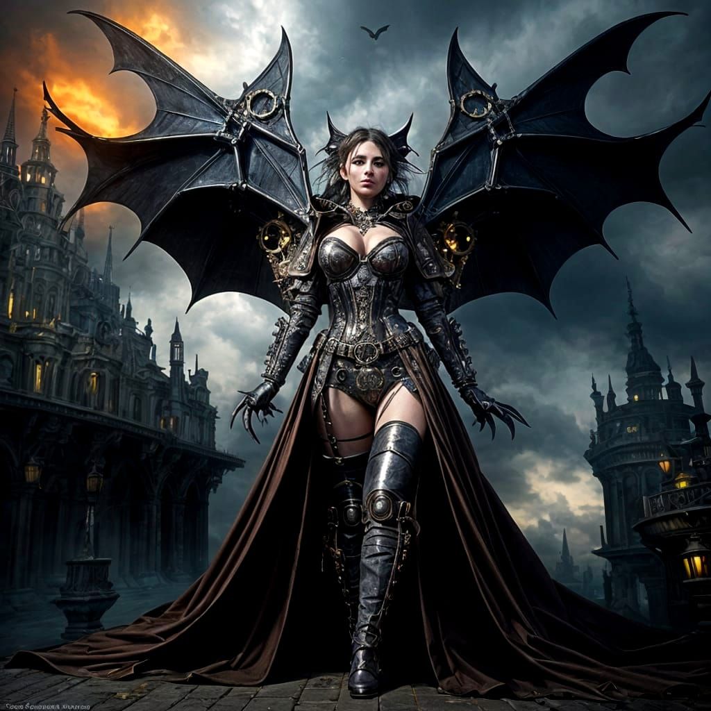 Steampunk Woman with Mechanical Wings Over Town