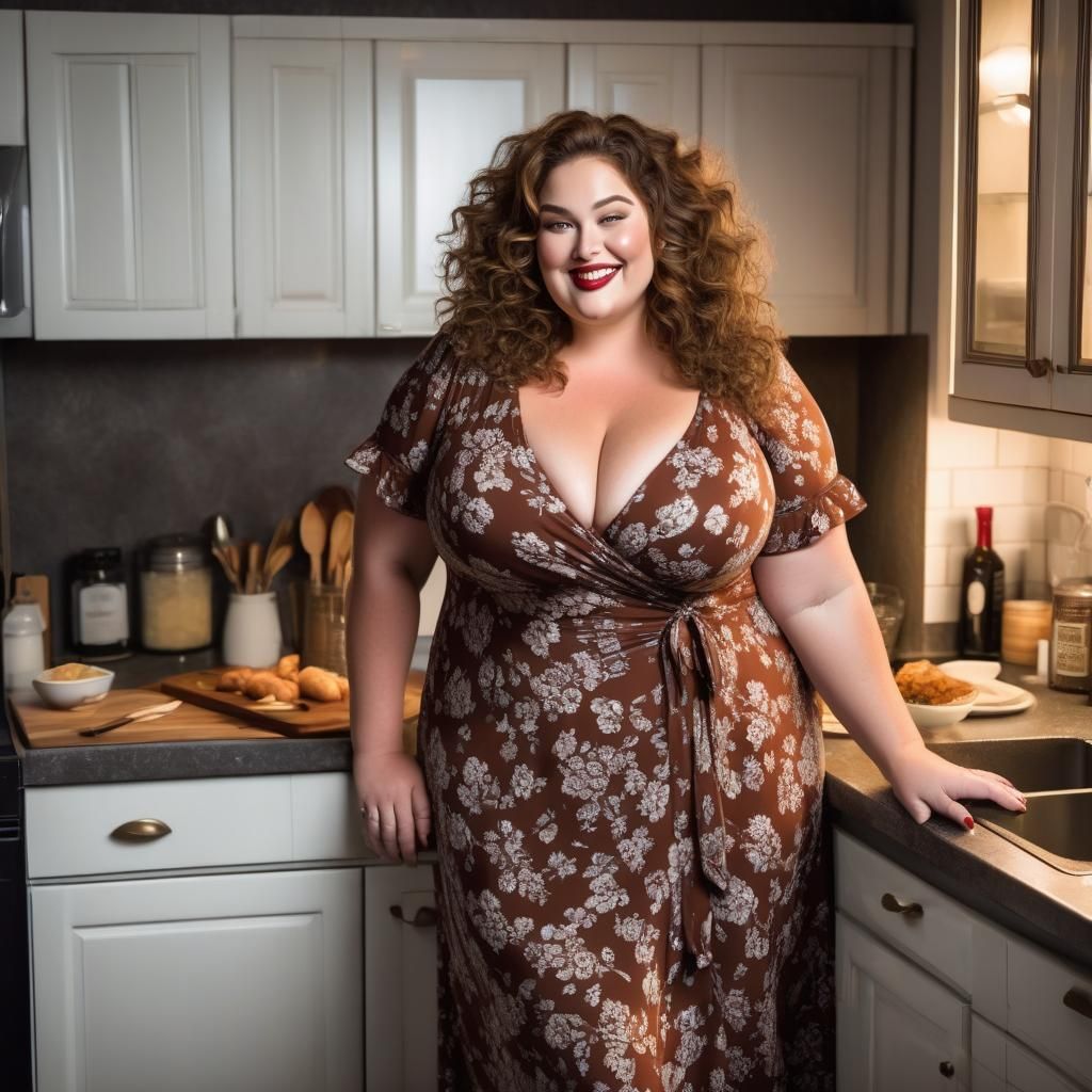 Curvy Woman in Sleep Dress in Elaborate Kitchen