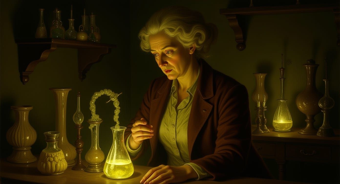 Marie Curie Portrait in 19th Century Lab Oil Painting