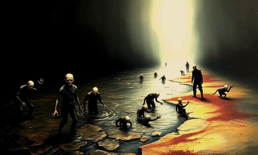 Dark and Haunting Oil Painting of Humanoid Creatures on a Cr...