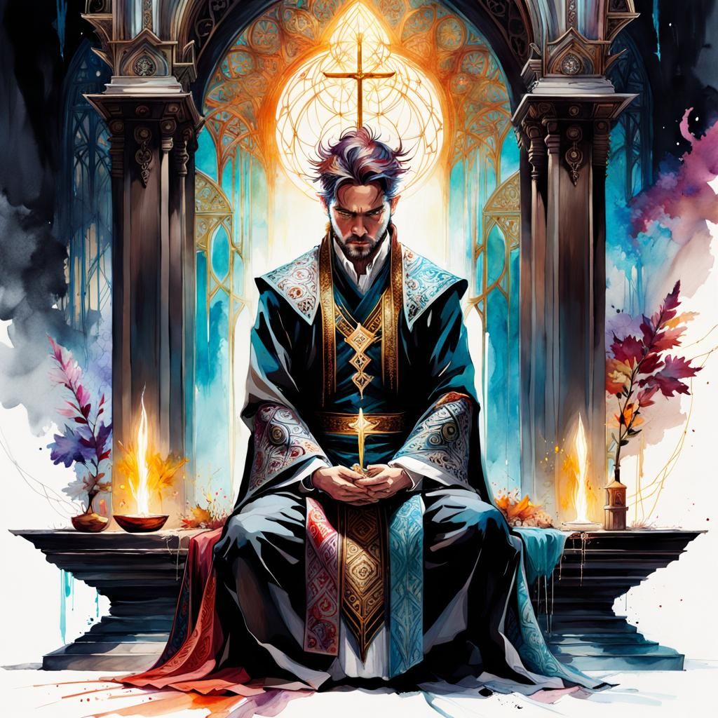 Fantasy Cleric Meditating: Stylized Watercolor Art