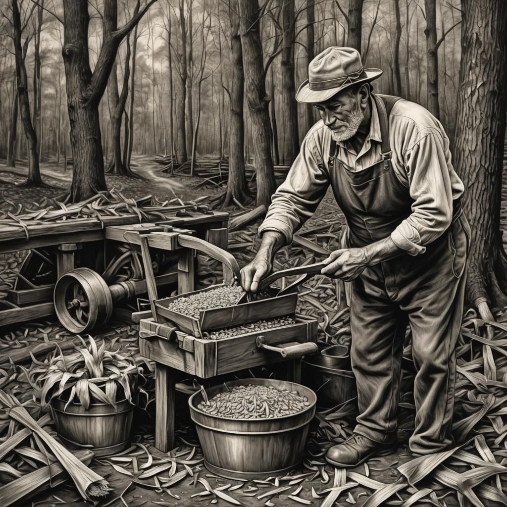 Charcoal Drawing of Corn Shucker and Still