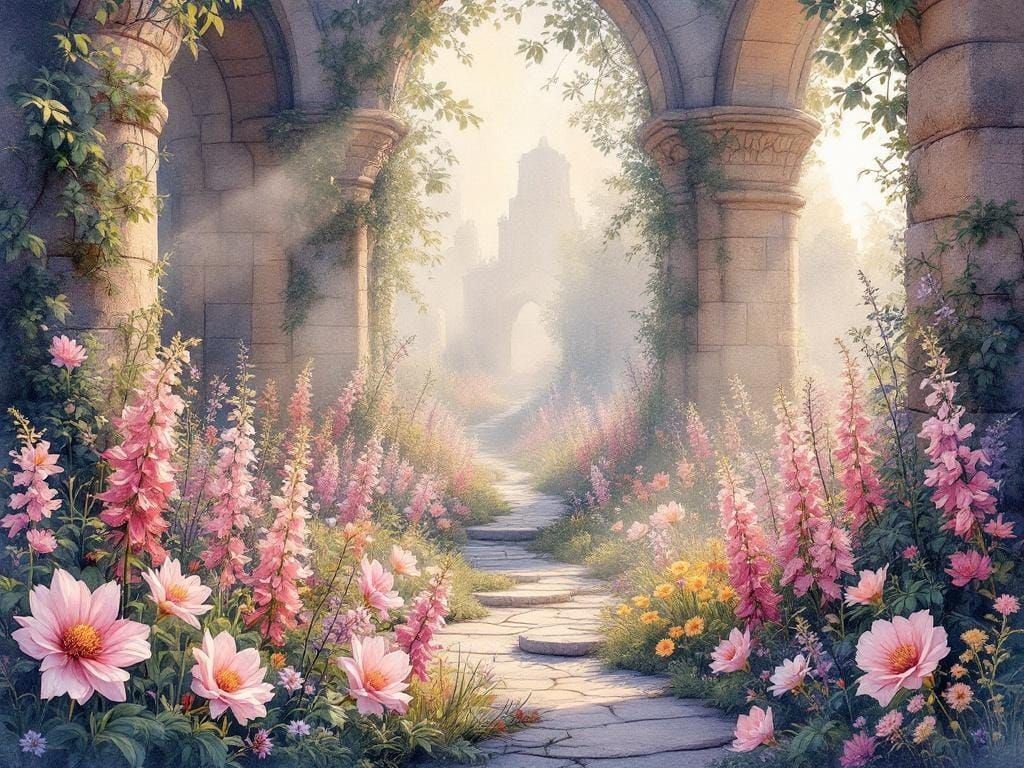 Lush Magical Flower Garden Watercolor Painting