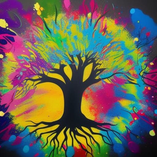Large tree of life, splash art splatter art leaves