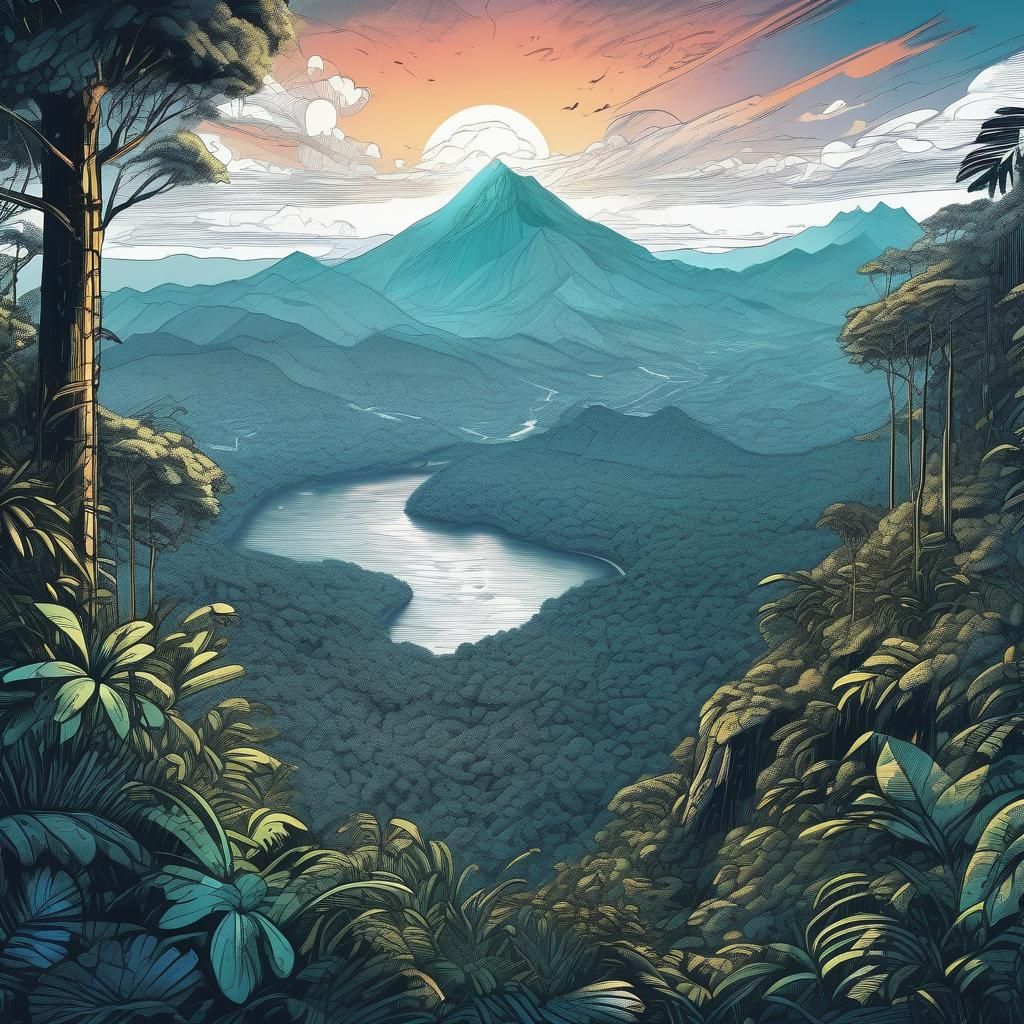Magnificent Rainforest View at Dusk in Digital Illustration