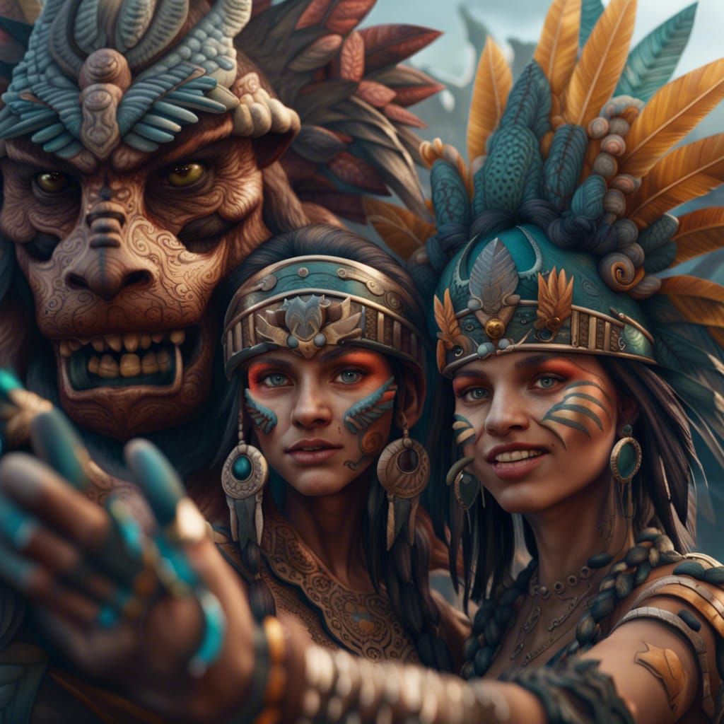 Aztec Girl and Creature Take a Selfie
