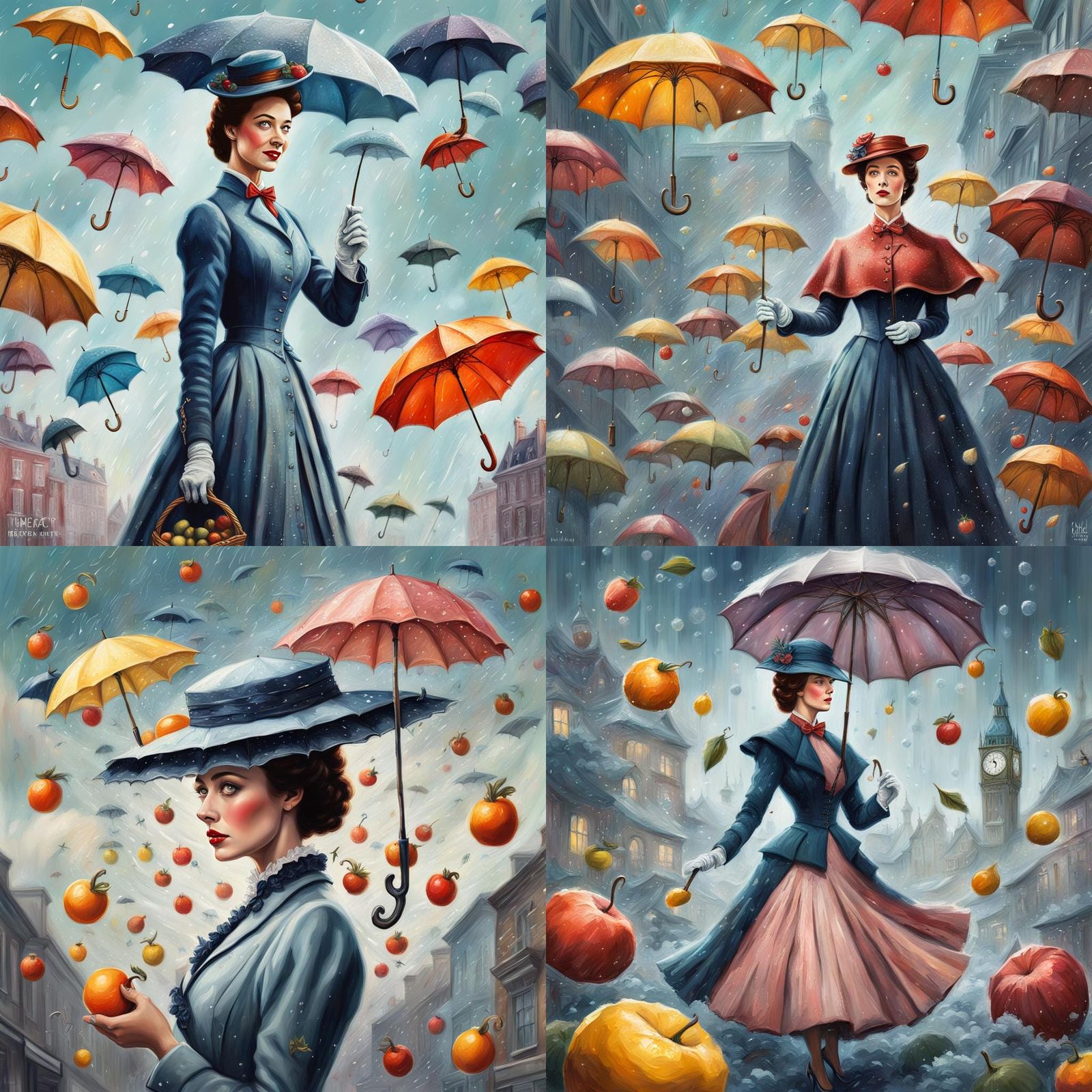 Mary Poppins in Surreal Dreamland: Vintage Illustration