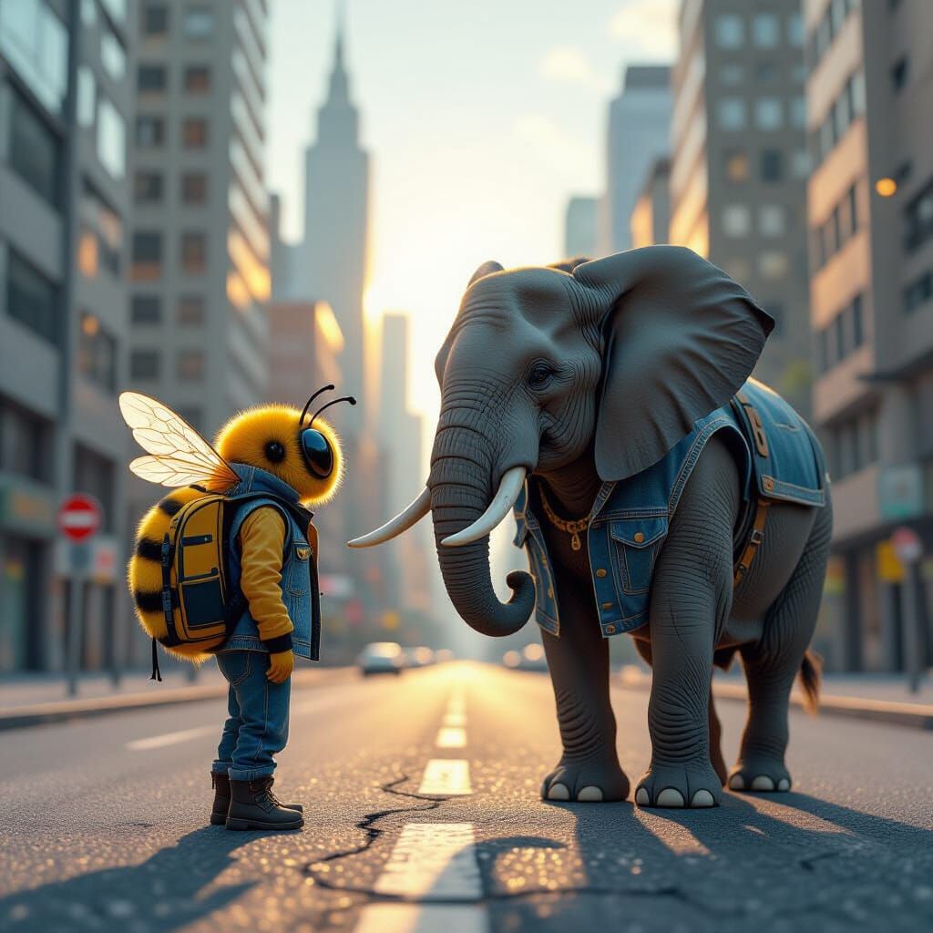 Elephant and Bee Chatting on Urban Road