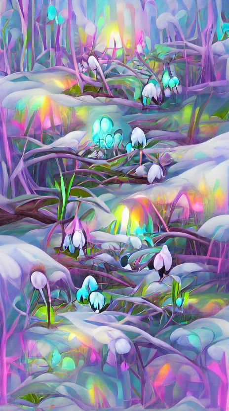 Psychedelic Neon Snowdrops in Snowy Woodland