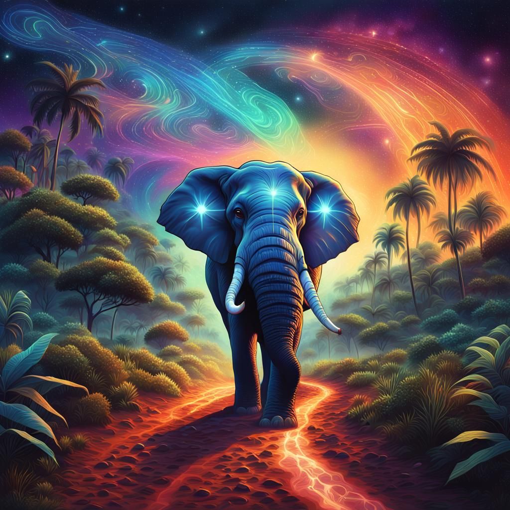 Cosmic Elephant Crossing in Surreal Astral Style