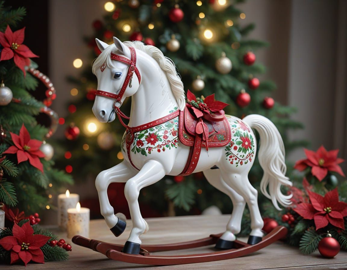 Photorealistic White Christmas Rocking Horse with Festive De...