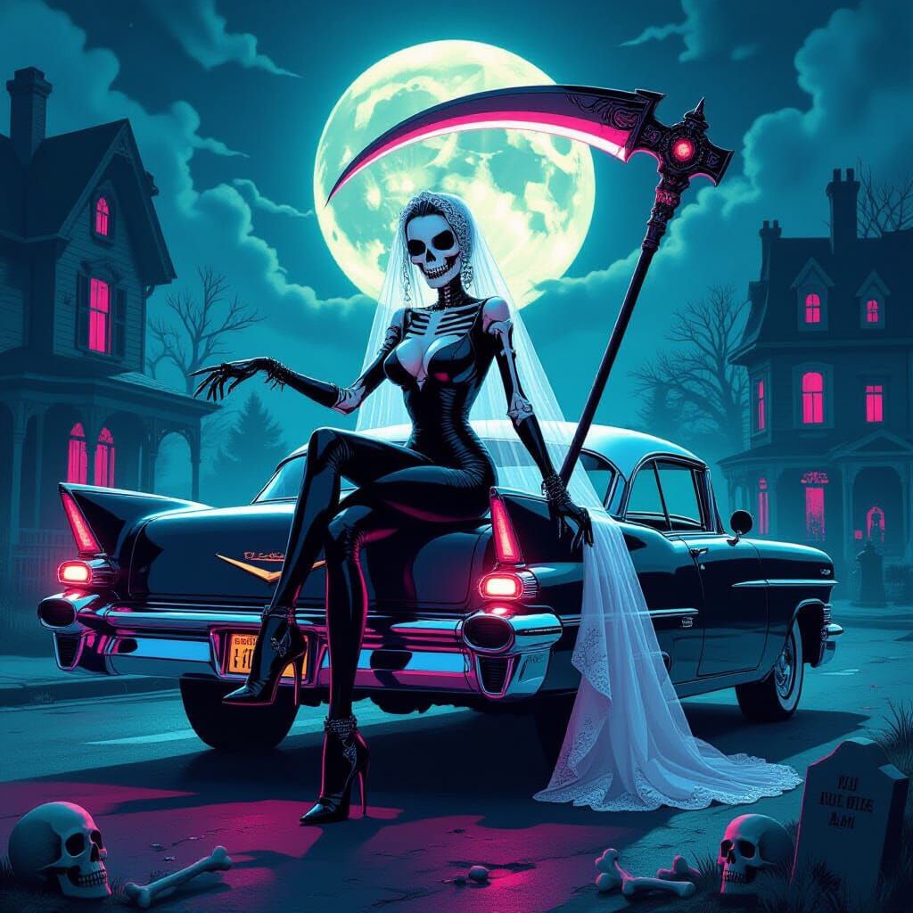 Skeletal Bride on Vintage Cadillac in Neon Comic-Horror Styl...