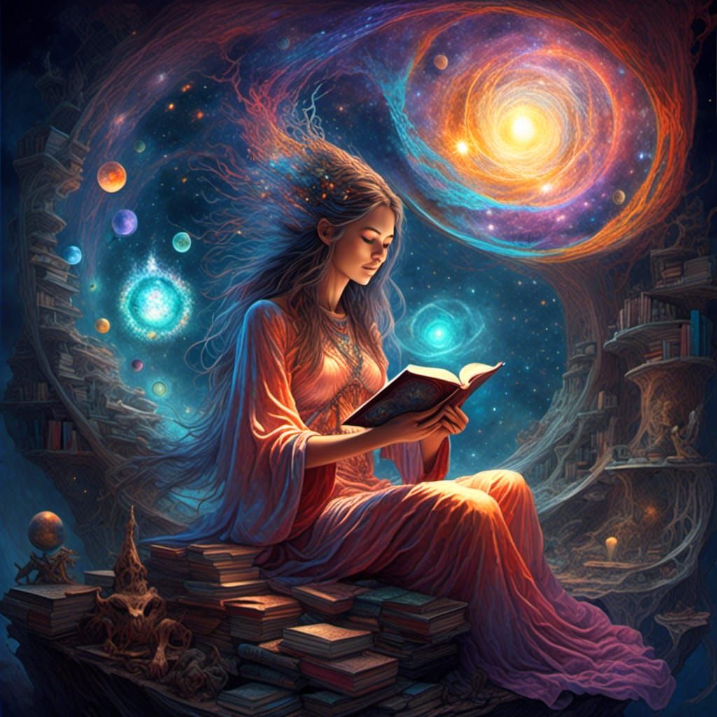 Cosmic Techno-Mystic Woman Reading, Digital Art