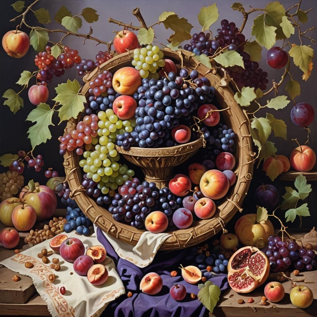 Abundant Cornucopia of Autumn Fruits, Oil Painting