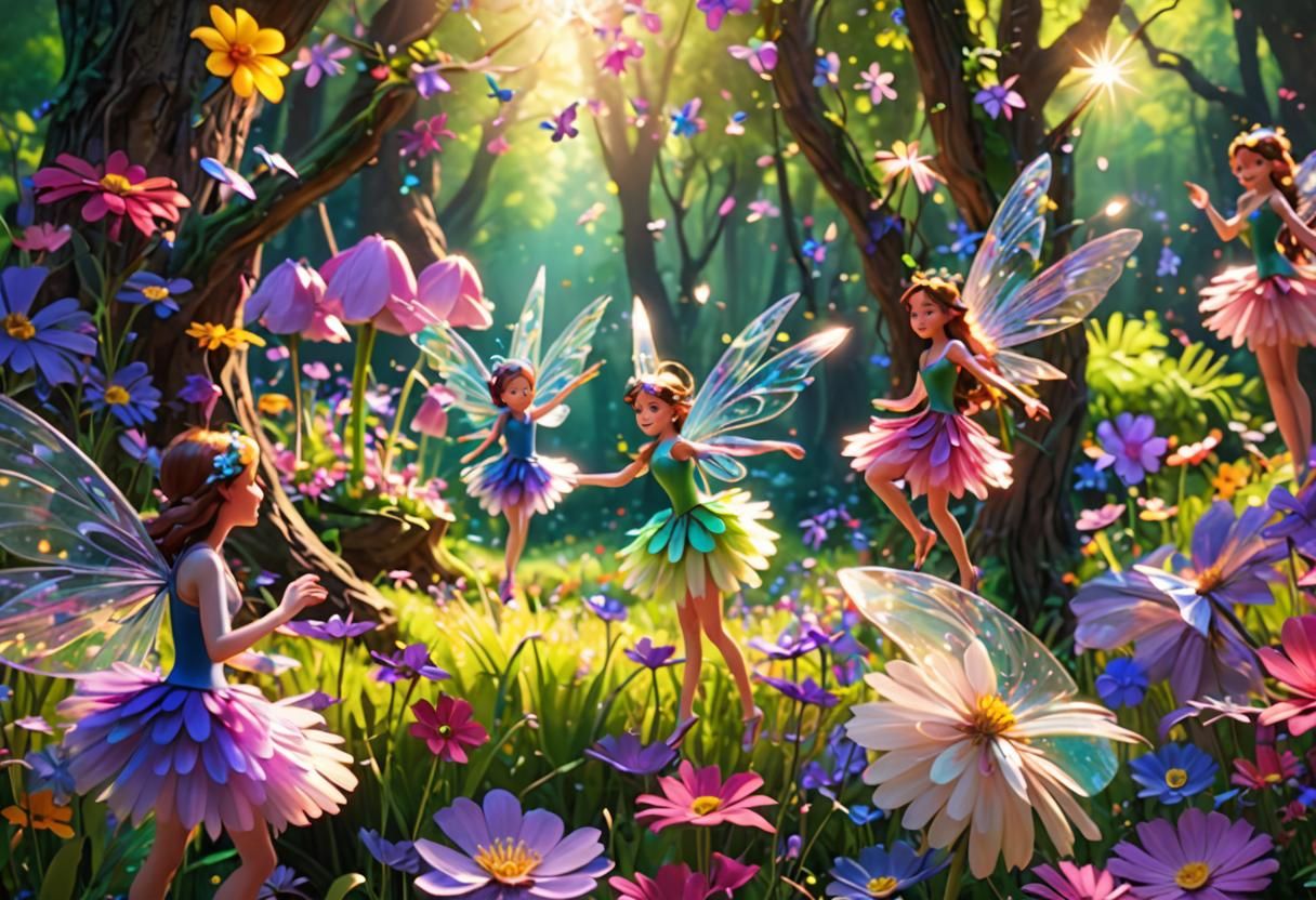 Fairies Dancing in Flower Forest: Pixar-Inspired 3D Art