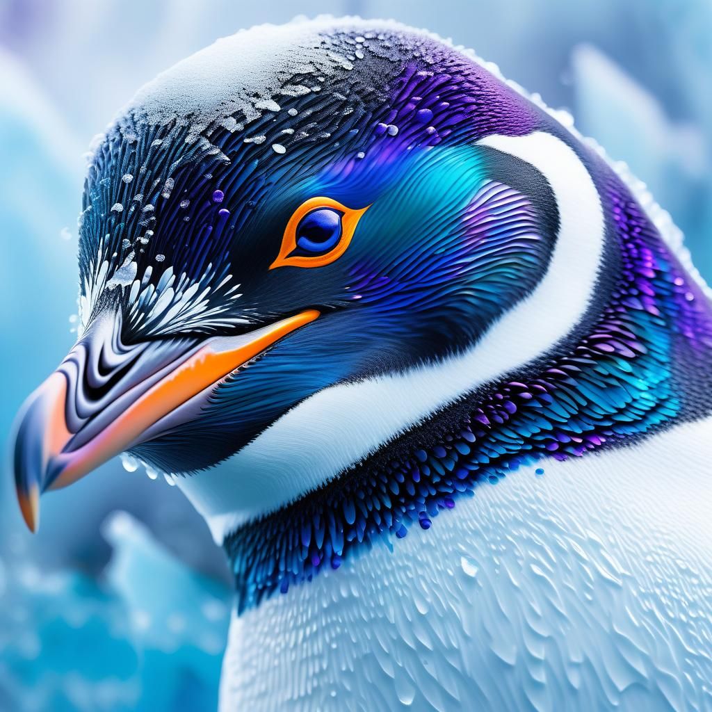 Abstract Penguin Portrait on Iceberg in Vivid Colors