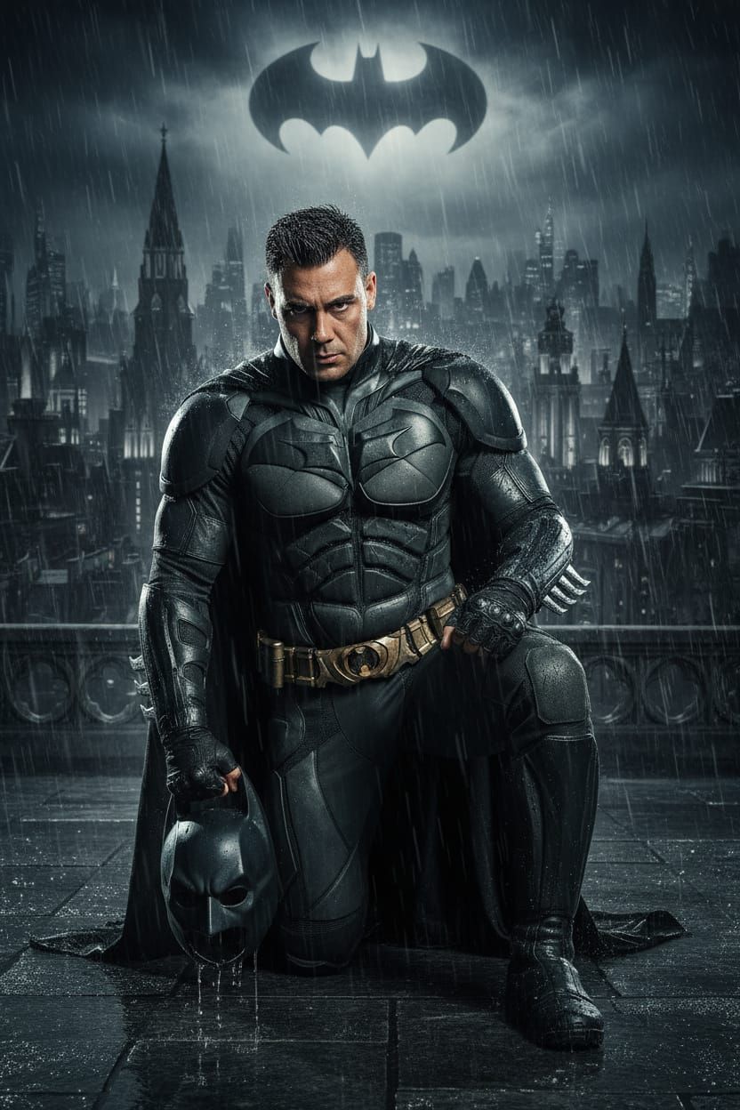 Hyper-realistic,  On a rainy gothic rooftop at night, a man ...