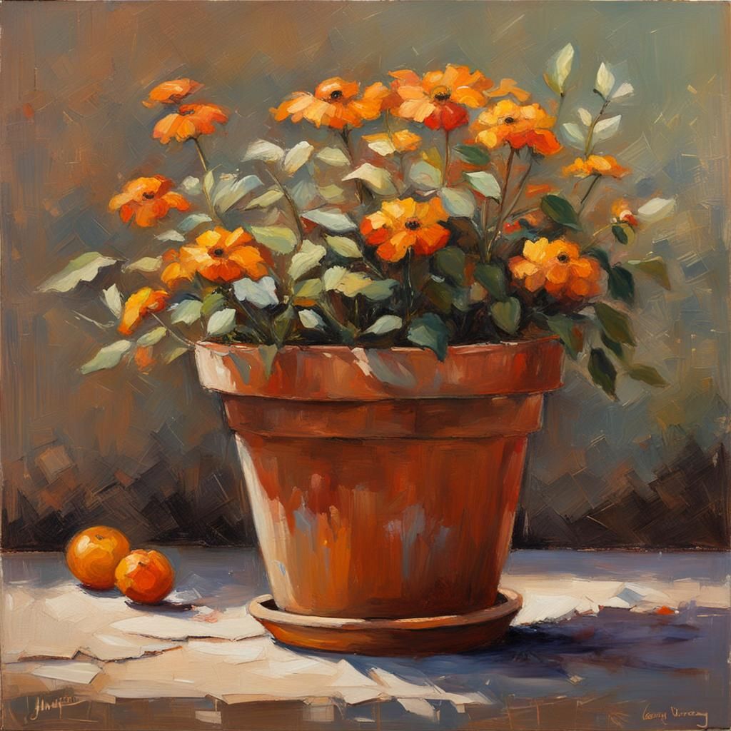 Flower Pot in Oil Painting Style