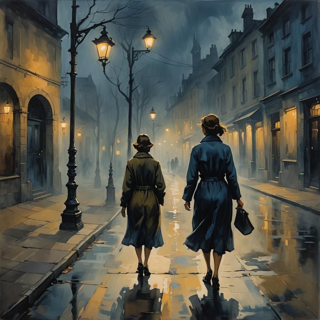 Woman in Foggy Street at Dusk in Ink Style