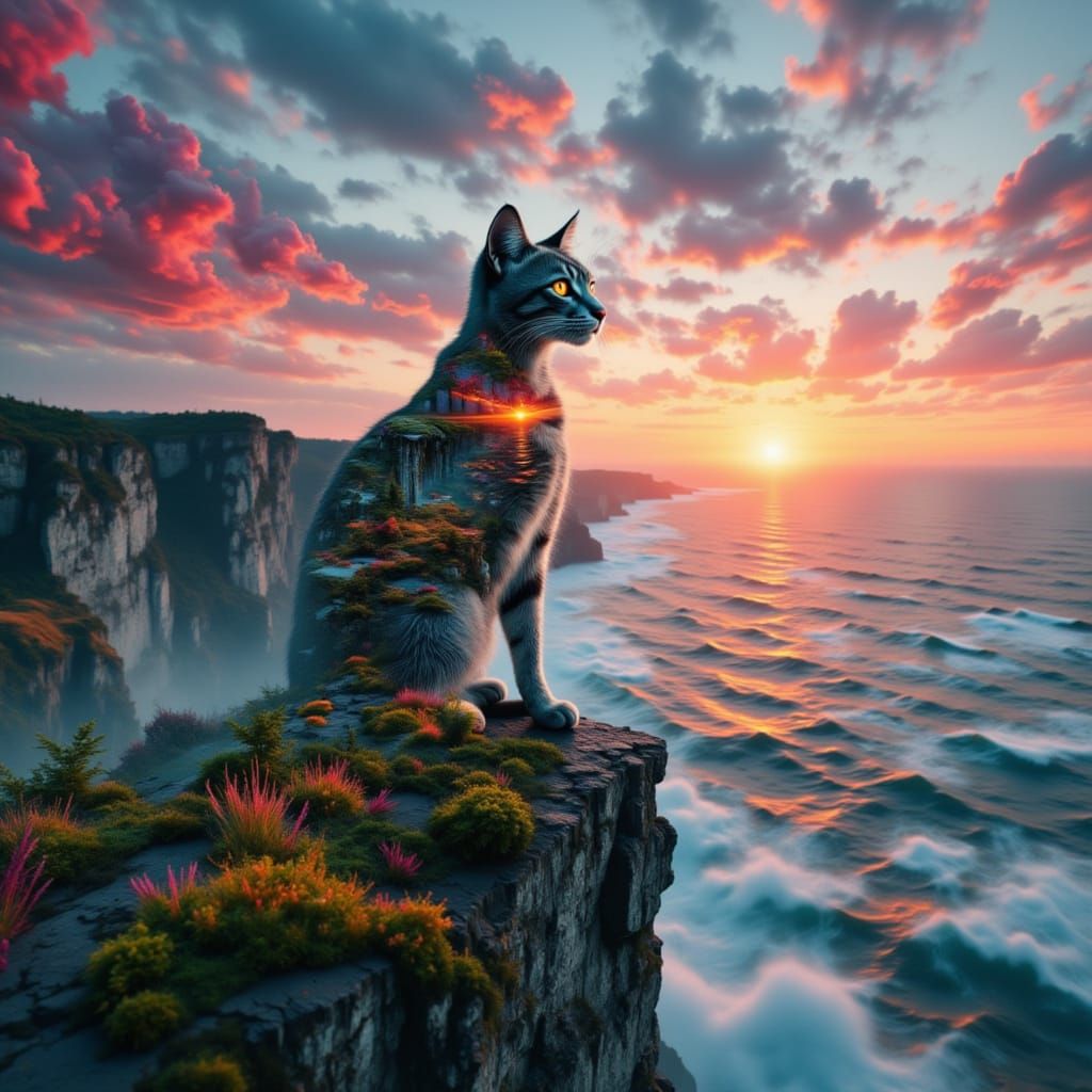 Surreal Cat Sunset Double Exposure in Glitchcore Style