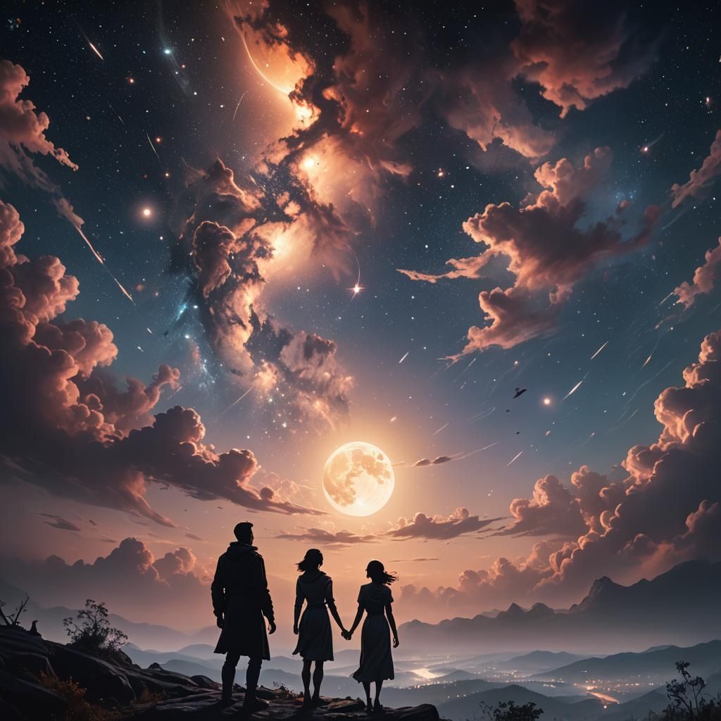 Romantic Moonlit Silhouette in Dreamscape Oil Painting