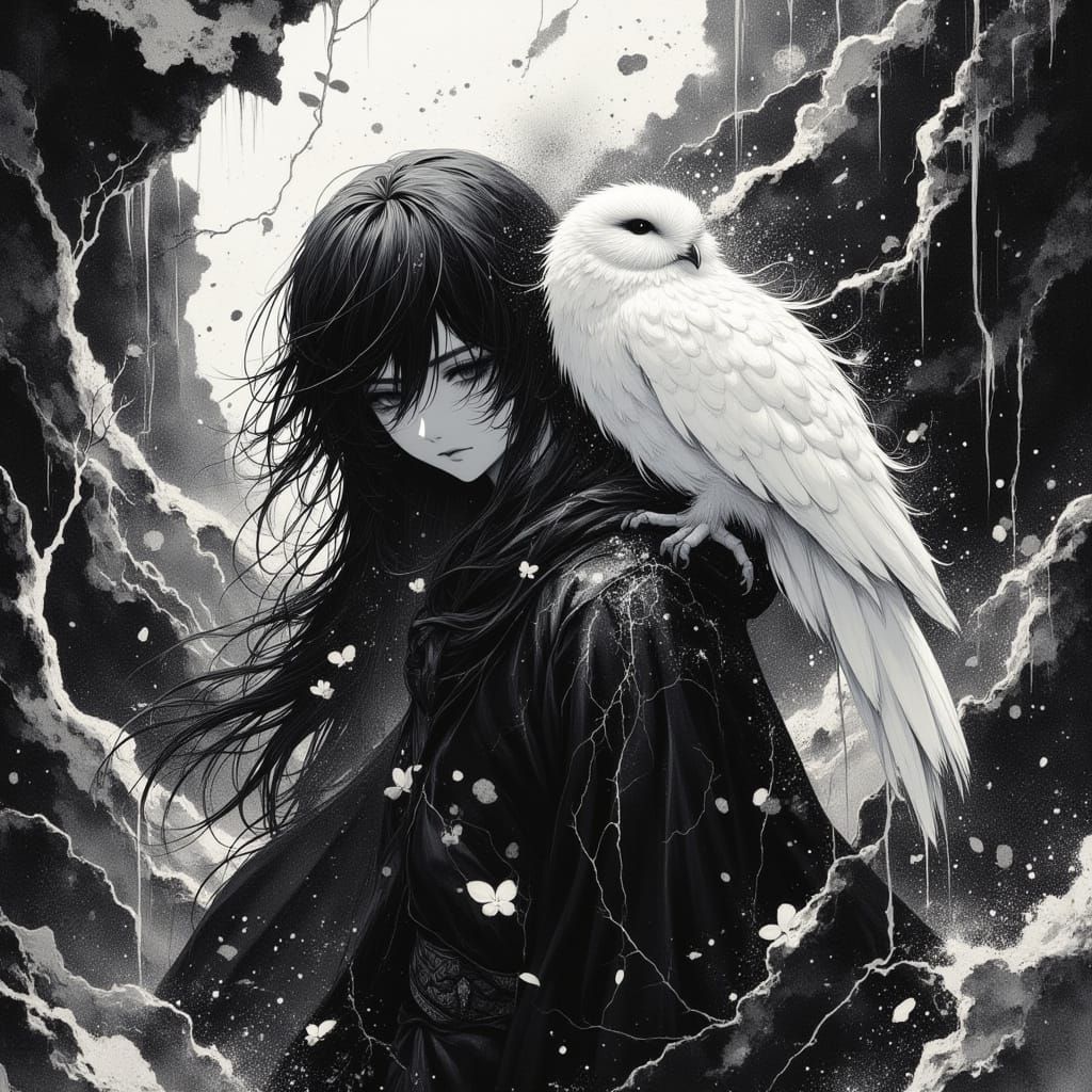 Necromancer Michael Norman with Owl in 80s Anime Style