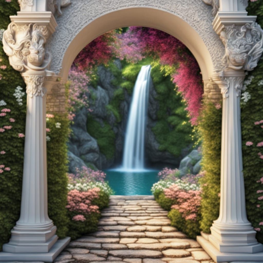 Spectacular Waterfall Through Mystical Archway Optical Illus...