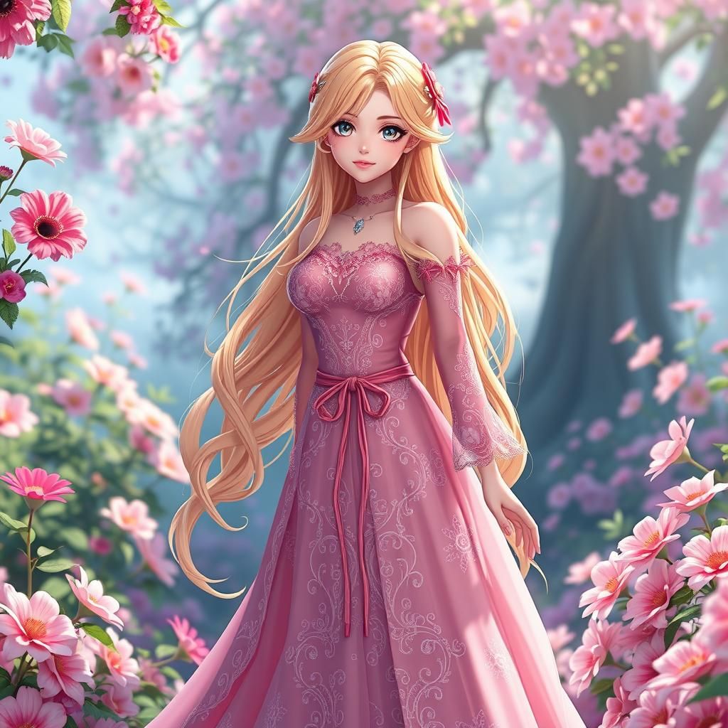 Anime Princess in Lush Flower Garden