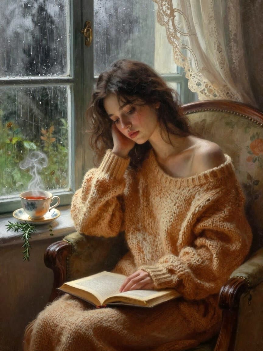 Young Woman Reading by a Rain-Lashed Window in Painterly Sty...