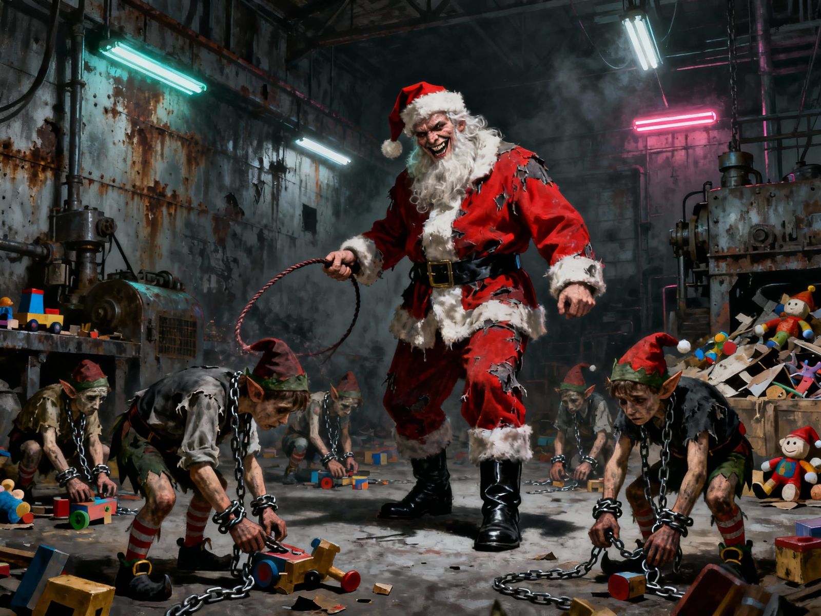 Dystopian Toy Factory: Evil Santa and Whipped Elves
