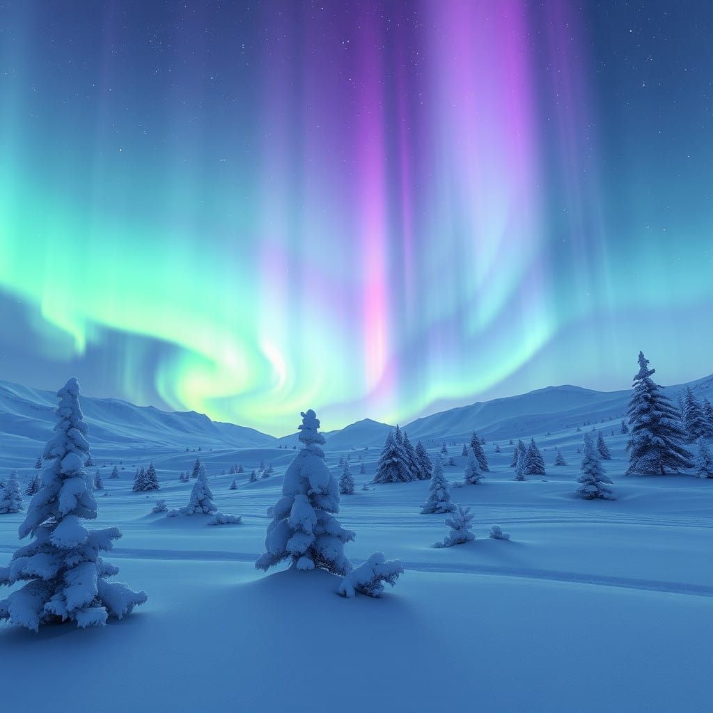 Ethereal Aurora Borealis Dance across Snowy Tundra in Celest...