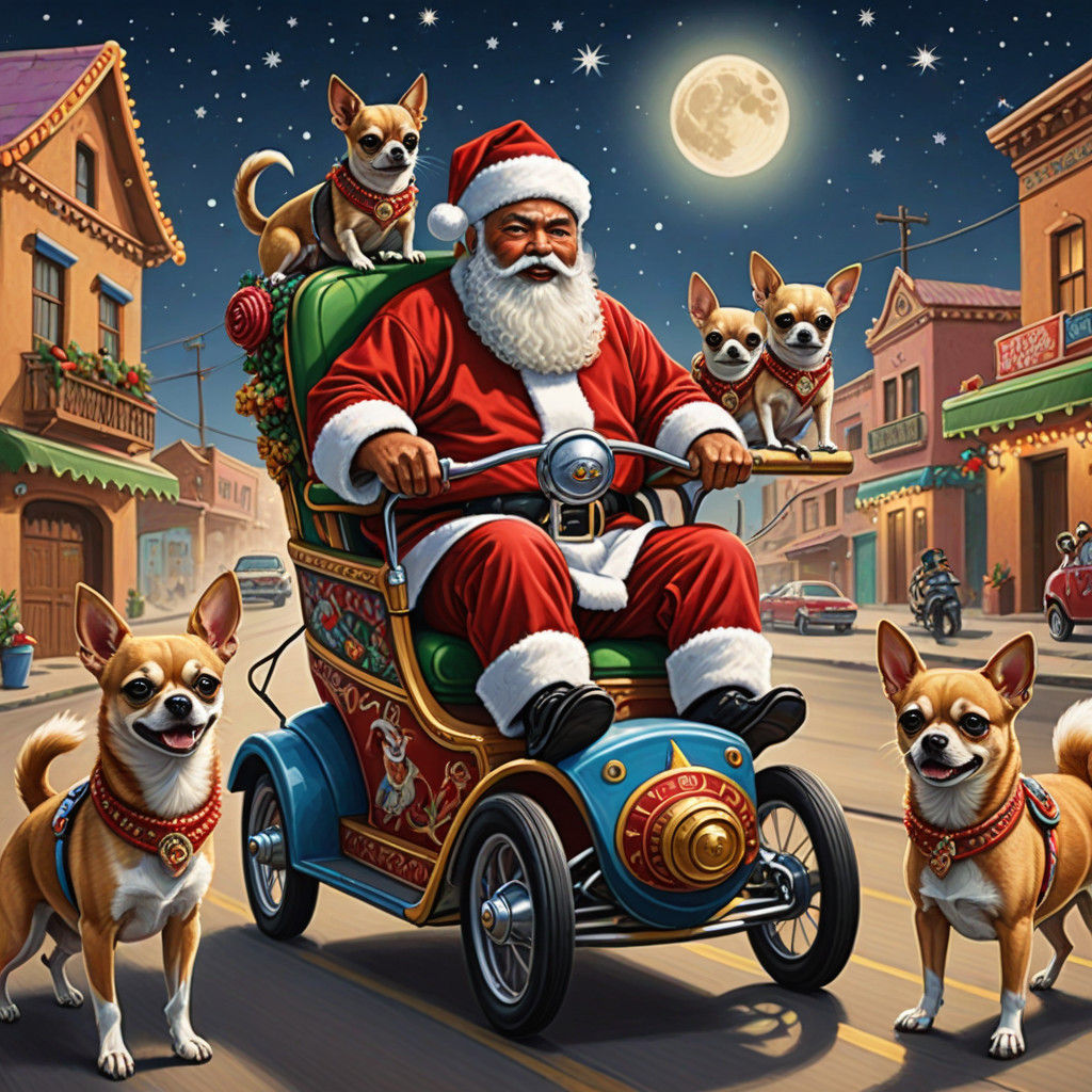 Mexican Santa Claus Riding a Lowrider Sleigh Pulled by Chihu...