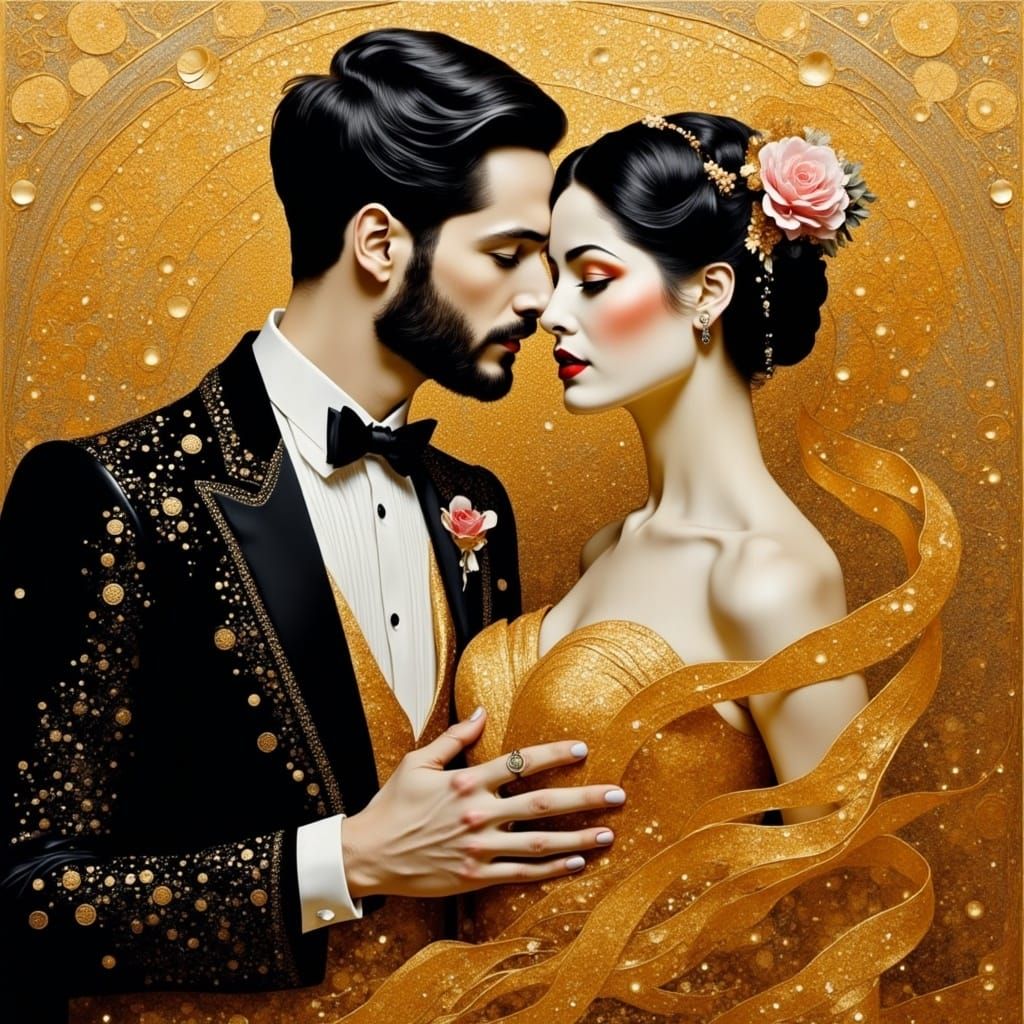 Golden Embrace in Klimt-Inspired Art Nouveau Style
