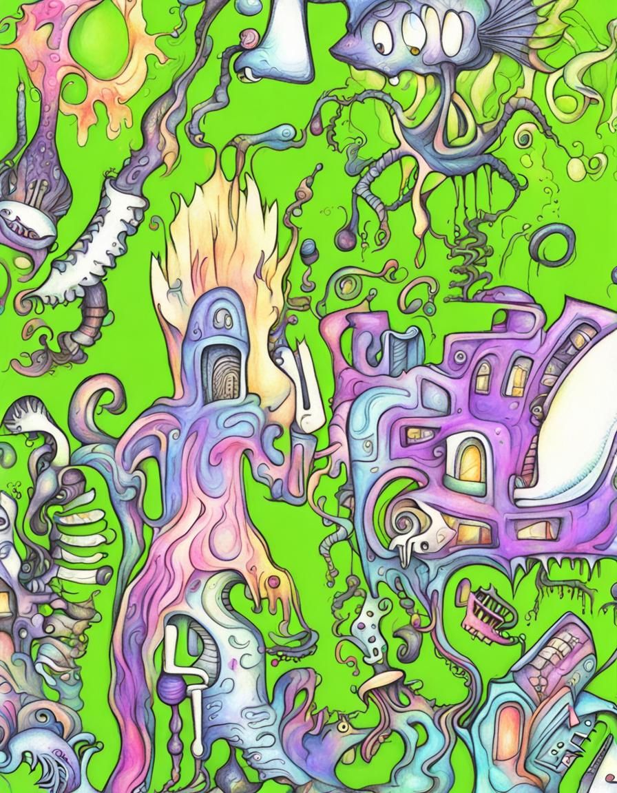 Psychedelic Giger Haze: Chaotic Asylum Doodle