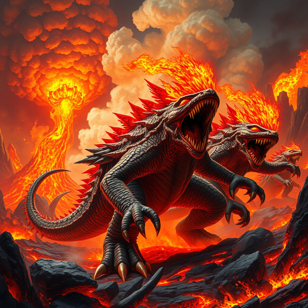 Volcano Monsters Exclaim Boom Lava in Fantasy Landscape