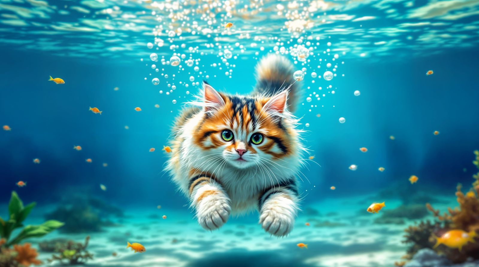 Vibrant Underwater Scene of a Calico Cat Exploring