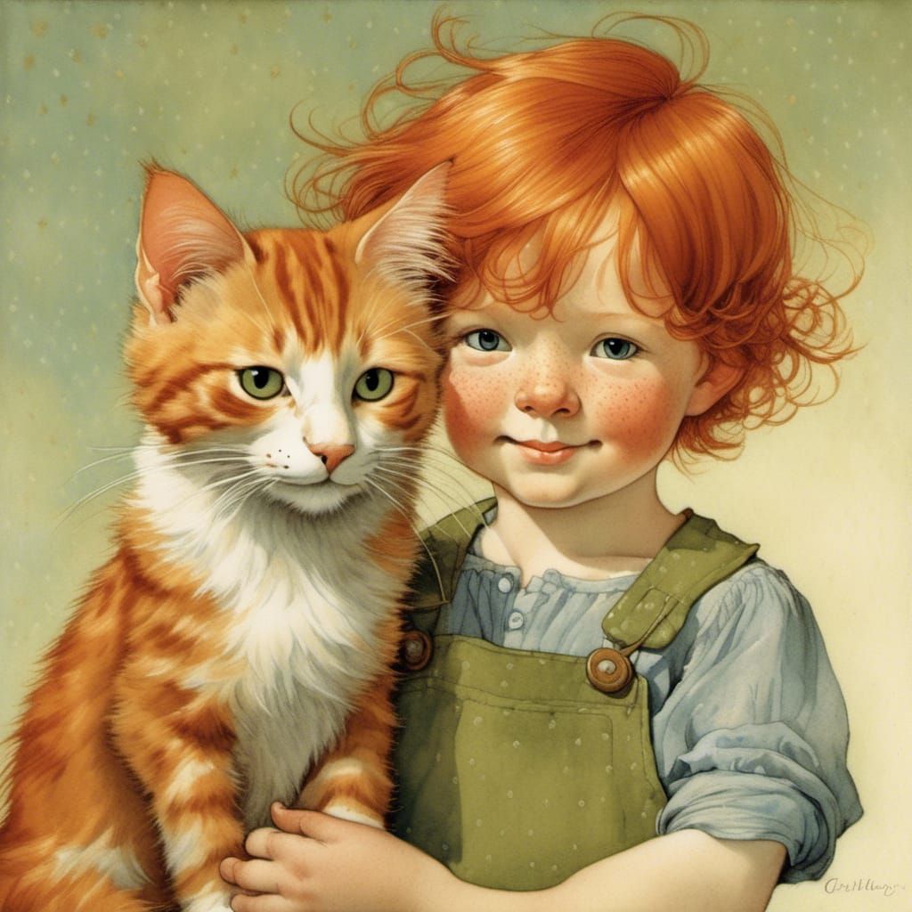 Redhead Boy and Ginger Cat, Vintage Illustration