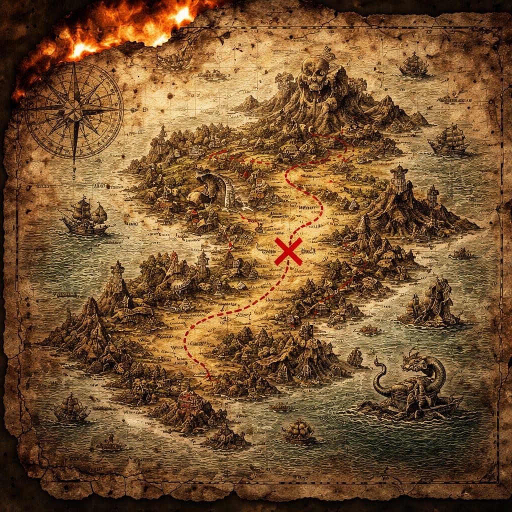 Antique Treasure Map with Burnt Corner, Fantasy Art